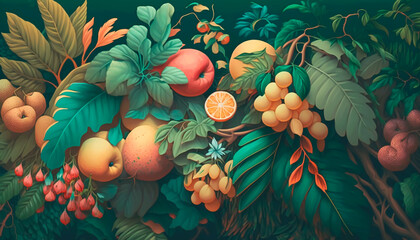 Poster - Exotic fruits and foliage scene in a painted style. Generative AI