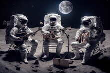 Generative AI Illustration Of A Trio Of Astronauts Making Music On The Lunar Surface