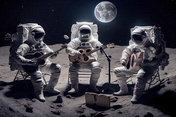 generative ai illustration of a trio of astronauts making music on the lunar surface