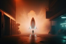 Human Bearded In An Attractive Manner Under Neon Lights, Photograph Of SpaceX Starship, Mars Realistic Nighttime Landscape, Smoke And Dust, UHD