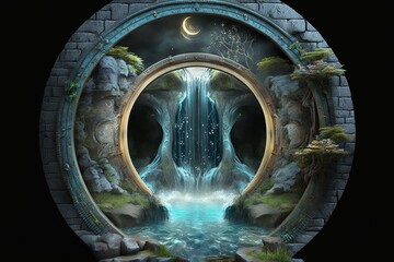 Water magic portal, portal to water fantasy world, digital illustration, Generative AI	