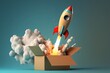 © Kaleb - Rocket taking off from cardboard box on blue background, 3D illustration, AI