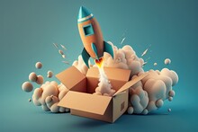 Rocket Taking Off From Cardboard Box On Blue Background, 3D Illustration, AI	
