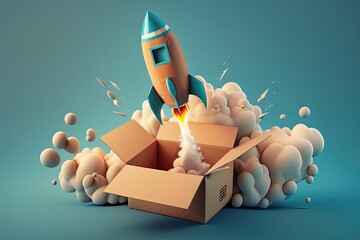 Wall Mural - rocket taking off from cardboard box on blue background, 3d illustration, ai