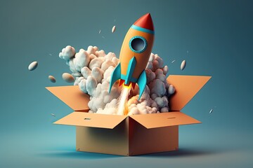 Wall Mural - rocket taking off from cardboard box on blue background, 3d illustration, ai