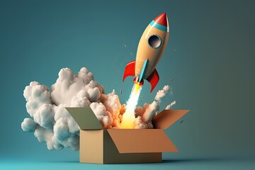 Wall Mural - Rocket taking off from cardboard box on blue background, 3D illustration, AI	