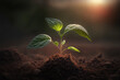 Young plant in fertile soil on blurred background. Gardening time Generative AI