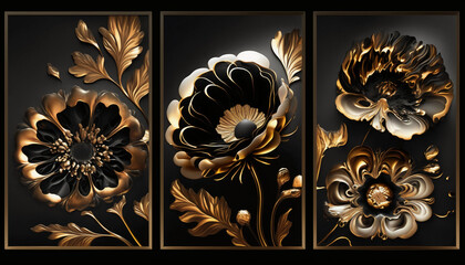 fractal flowers golden and black liquid marble background Generative AI