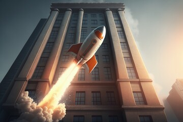 Wall Mural - Rocket taking off from office buildings and skyscrapers, startup concept, digital illustration, Generative AI
