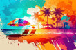 colors of vacation, beach with parasol and palm trees, island as a beach vacation, fictional place, Generative AI