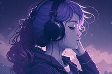 Lofi Style Beautiful Anime Girl With Headphones, Blue Hair, Background. Manga. Cartoon. Hip Hop Music. Positive Vibes. Chill Atmosphere. Purple, Blue Colors. 