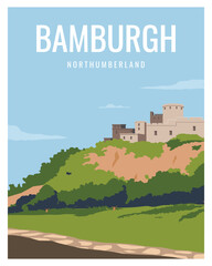 Wall Mural - Panorama Castle on hill in Bamburgh, Northumberland.
vector illustration landscape with colored style suitable for poster, postcard, card, print.