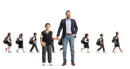 Wall Mural - Father taking son to school and schoolchildren walking behind