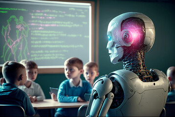 a robot as a humanoid android with artificial intelligence is a teacher in an elementary school, Generative AI