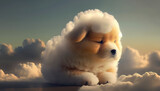 Fototapeta Zwierzęta - a surreal and dreamlike image of a white dog floating amongst fluffy clouds in a peaceful blue sky