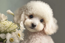 A Cute White Poodle Puppy Holds A Bouquet Of White Flowers In Its Paws. Greeting Card For Valentine's Day, Women's Day, Birthday, Wedding. AI Generative