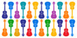 Colorful ukuleles on a white horizontal background, vibrant musical vector background.