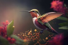Hummingbird Feeding On Flower Colorful Photo Wallpaper Generative AI
