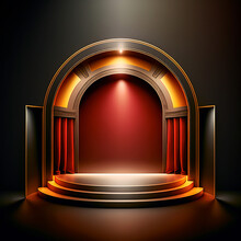 Red And Golden 3D Stage Like The Entrance Arch Of A Theater. Scenario With A Pedestal And Black Background, Illuminated With  Bright Light To Promote A Quality Product Mockup 