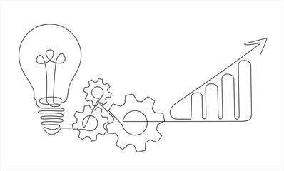 Poster - continuous line drawing of gears, lights idea and graph.Continuous line drawing. Startup business. Vector illustration. Isolated on white background. 