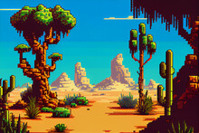 Video Game Background Landscape With Mountains And Forests In 16 Bit Pixels. Retro Video Arcade Game Nature Location With Pixel Art Mountain Hills, Snow Peaks, Sky And Clouds, Trees, Grass And Lake.