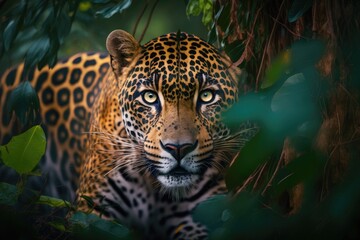 jaguar with piercing eyes in the brazilian jungle illustration design art