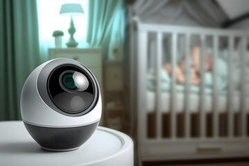 Wall Mural - Video camera CCTV for control baby near crib with child room. Generation AI