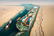 Container cargo ship sails through Suez Egypt canal. Concept Global logistic center marine traffic. Generation AI