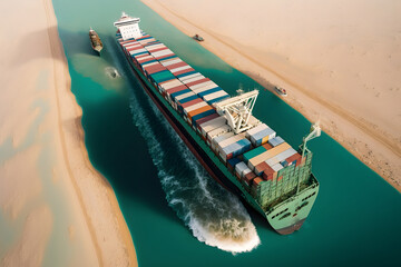 Wall Mural - Container cargo ship is stuck aground in sandy canal. Concept Global problem with marine traffic. Generation AI