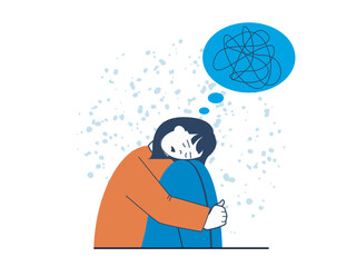 Poster - Mental health concept with character situation. Sad woman thinks confused thoughts, suffers from emotional problems and depression ill. Vector illustration with people scene in flat design for web