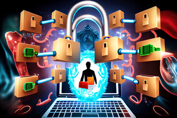 Poster - cyber security concept protection of information on the internet. Generative AI