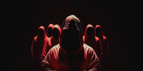 People cultists in hooded red dark background. Concept banner devil cult, evil rite to hell. Generation AI