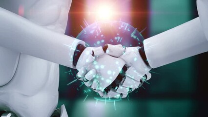 Poster - 3D rendering hominoid robot handshake to collaborate future technology development by AI thinking brain, artificial intelligence and machine learning process for 4th industrial revolution.