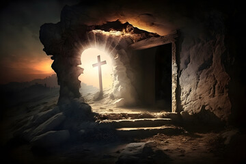 Wall Mural - Cave tomb with cross sunlight. Concept resurrection morning. Generation AI