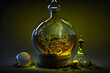 ornate patterns inside a chemical flask, a metaphor for research in biology, cosmetology. alchemical jar with magic light on a dark background. generative ai