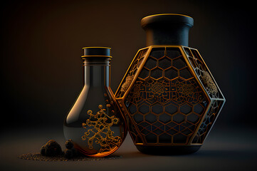 Poster - Biotechnology of the future, a glass jar illuminated with neon light and fictional chemical formulas from hexagons. Research, scientific discoveries, synergy of spheres, chemical experiments, science 