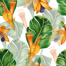 Seamless Pattern On A White Background. Tropical Orange Flowers And Green Plants Hand-drawn In Watercolor On A White Background. Great For Printing On Fabric, Wallpaper.