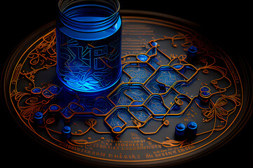 Poster - Biotechnology of the future, a glass jar illuminated with neon light and fictional chemical formulas from hexagons. Research, scientific discoveries, synergy of spheres, chemical experiments, science 