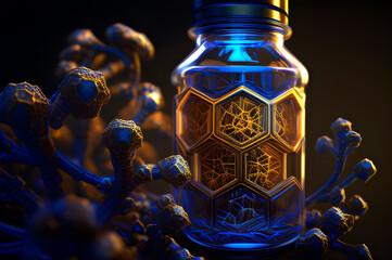 Poster - Biotechnology of the future, a glass jar illuminated with neon light and fictional chemical formulas from hexagons. Research, scientific discoveries, synergy of spheres, chemical experiments, science 