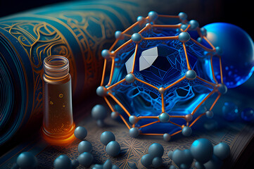 Poster - Biotechnology of the future, a glass jar illuminated with neon light and fictional chemical formulas from hexagons. Research, scientific discoveries, synergy of spheres, chemical experiments, science 