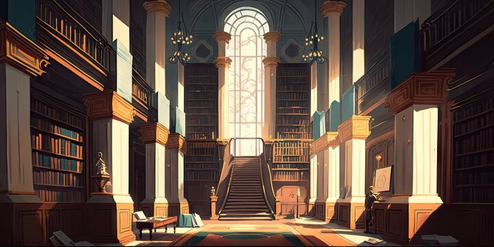 the library building hall interior with lots of books illustration design art
