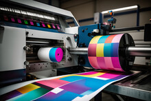 Industrial Printing Machine In The Process Of Printing A Colorful, Graphic Design Onto A Large Roll Of Paper, Generative Ai