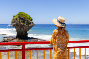 Poster - Travel woman go Liuqiu Island Flower Vase Rock in Taiwan