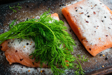 Canvas Print - Salmon Fillets Covered in Sea Salt, Spices, and Dill to Make Lox: Salmon fillets covered in sea salt on a sheet pan to make homemade lox