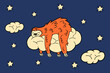 cute lazy sloth sleeping on a cloud among the night sky and stars. cartoon vector illustration