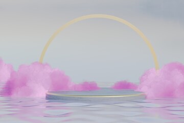 Poster - a round podium to place goods or text and an arch standing in the water with pink clouds. 3D render