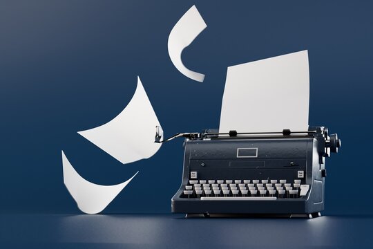 an old typewriter with white sheets for writing a book on a blue background. 3D render