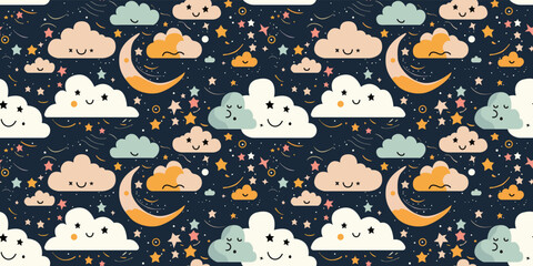 Poster - Children's wallpaper made of clouds with faces, stars and the moon. Heaven for printing on the surface, fabric, wallpaper, notebooks, packaging, clothes, pillows.