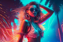 Attractive Girl In Bikini Clubbing At The Hot Summer Dance Party. Neon Light. Palm Trees On Background. Vacation Nightlife.