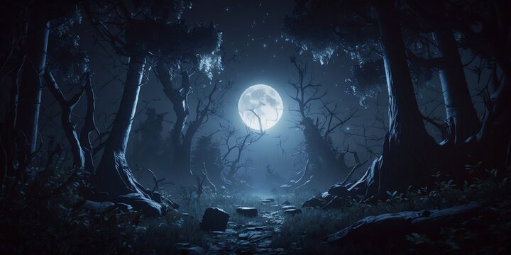 forêt sombre et mystérieuse, avec la lumière de la lune - format panoramique - illustration ia